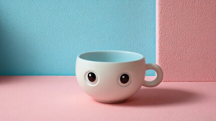 Cute Kawaii Teacup with Eyes on Pastel Table