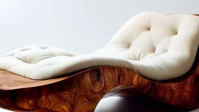 Sculptural Wooden Chaise Lounge with Plush Cushion: A Study in Organic Design