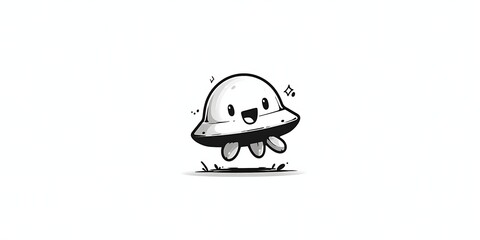 Fototapeta premium Minimalist Black-and-White Illustration of a Cheerful UFO with Dome Top and Smiling Windows