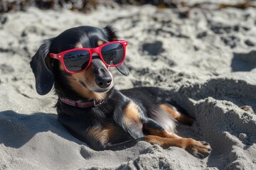 A dachshund dog lying on the beach, wearing red sunglasses, resting and relaxing