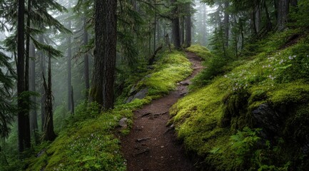 Naklejka premium Misty forest trail winds through lush moss, wildflowers, and tall evergreen trees, disappearing into the fog