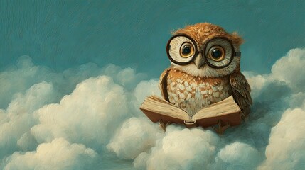 Wise Owl Reading Book in Dreamy Clouds Illustration