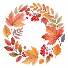 Obraz premium Autumnal Watercolor Wreath Vibrant Leaves and Berries