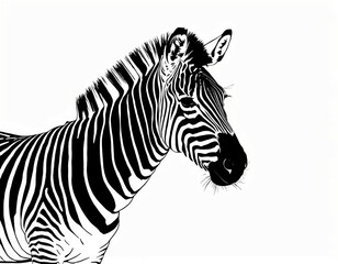 Striped zebra standing against white background, close-up zebra in minimalist style on white backdrop, wild zebra illustration isolated on clean white background