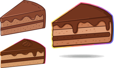 Create a kinds of cake slice icon, Sweet Chocolate Cake Dessert Flat Line Outline Colorful and Stroke Icon, vector art with white background.