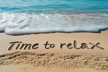 The words "Time to relax" written in the sand on a beach with a wave background, detailed, natural lighting