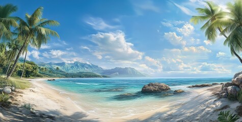 Tropical beach with palm trees and clear blue water on a sunny day, a summer vacation background.