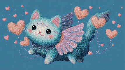 Adorable Fairy Cat with Glittering Hearts - Magical Kawaii Illustration