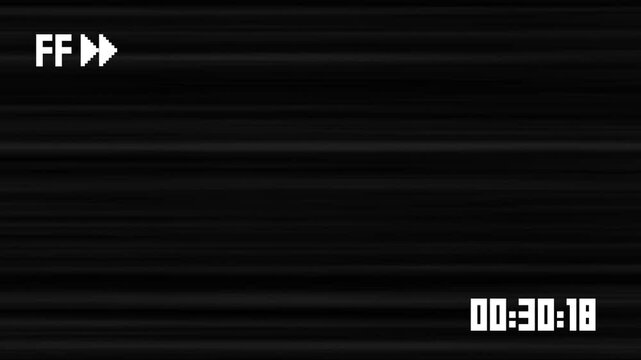 VHS tape fast forward arrows icon symbol effect on 4k Black Screen Film overlay animation with time code on screen retro vintage loop alpha channel