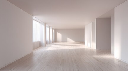 Sunlit, empty room with white walls, light wood floors, and sheer curtains at large windows casting soft shadows