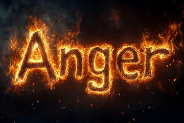 The word "Anger" is artistically rendered in vivid flames, radiating intensity against a dark background. This striking image powerfully expresses emotion and can be used in various creative contexts.
