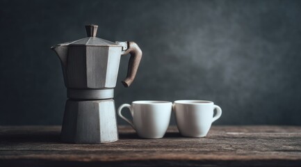 A steaming stovetop espresso maker sits beside two white mugs on a rustic wooden surface against a dark background
