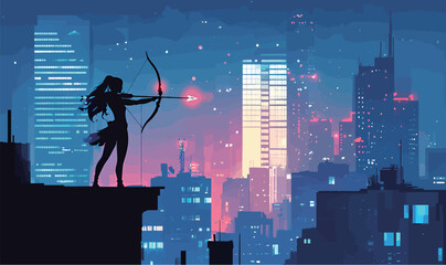 Silhouette of a female archer poised against a vibrant city skyline at dusk.
