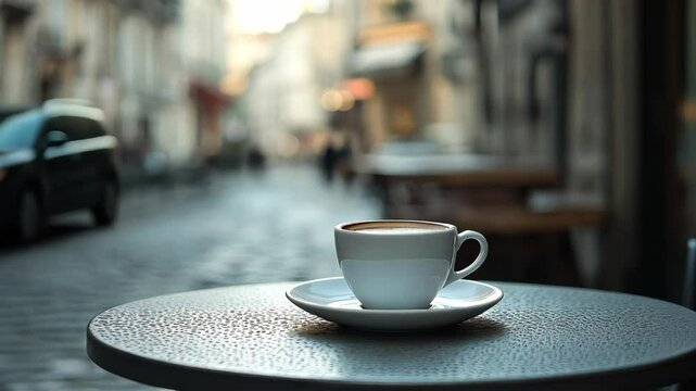 Aromatic coffee cup on outdoor cafe table in European street scene, providing a relaxing cafe lifestyle, coffee break in an urban city setting.