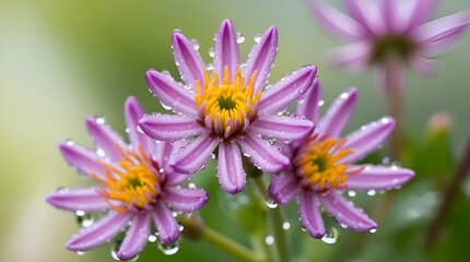 Obraz premium Close view of lilac Aster alpinus Trimex hybrid flowers with yellow centers and dew-drops on petals, set against a lush green garden backdrop