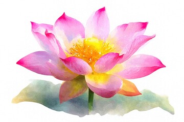 Watercolor lotus flower with pink petals and yellow center on white background. Zen meditation and yoga concept. Buddhist symbol for World Yoga Day, Vesak Day, mental health. High quality