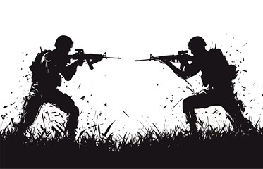 Silhouettes of two soldiers in combat stance facing each other, intense atmosphere.