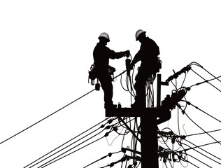 Silhouette of two electrical workers on a power pole, focused on their task.