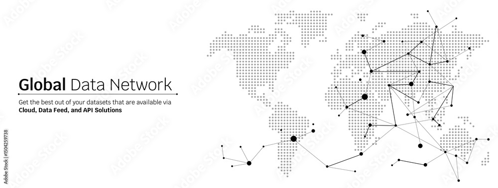 Wall mural abstract big cloud global data network connection banner or header, black connected dots on a world 