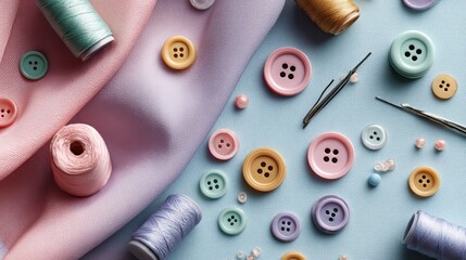 Colorful Sewing Tools and Buttons on Pastel Fabric