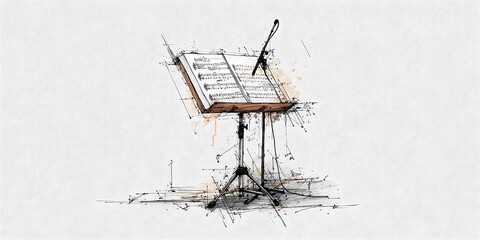 Artistic Sketch of a Music Stand with Sheet Music on Clean White Background with Light Brush Textures