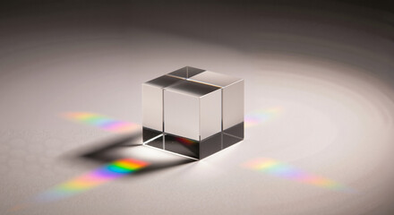 Glass prism cube with rainbow light dispersion for science blog visuals, educational illustrations, physics infographics, and tech-themed minimalist designs

