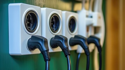 Electrical socket outlets and power strips on wall with surge protection