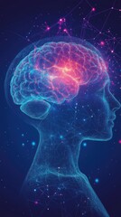 A detailed illustration of a human head and brain, rendered in a stylized, connected network design.