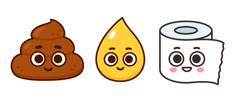 Naklejki Cute cartoon poop, pee and toiler paper characters, children potty training mascots. Pile of feces, drop of urine and tissue roll with funny faces. Vector clip art illustration set. 