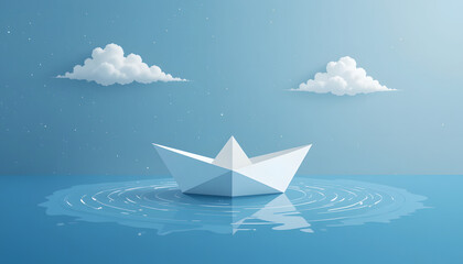 Obraz premium Simple Paper Boat Floating on Water with Clouds – Minimal Vector on Light Blue Background