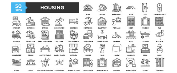 50 Housing icon collection set. Containing design house, home, building, architecture, estate, business, property	