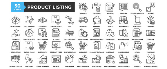50 Product Listing icon set. Containing design business, marketing, concept, product