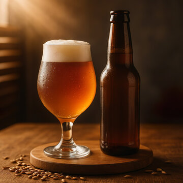 Garrafa de cerveja e copo de cerveja