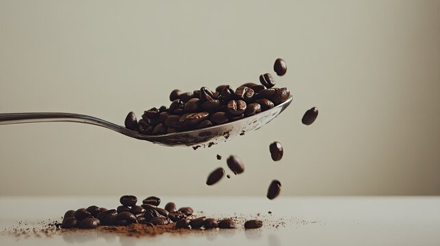 Coffee Beans Falling from Spoon Against Neutral Background