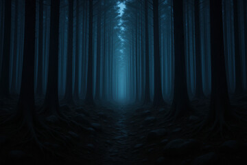 Fototapeta premium Mysterious Foggy Forest Path – Moody Blue Woods at Twilight