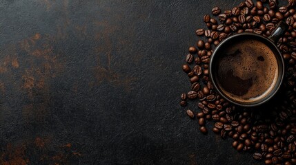 Naklejka premium Dark Coffee Cup with Roasted Beans on Rustic Surface