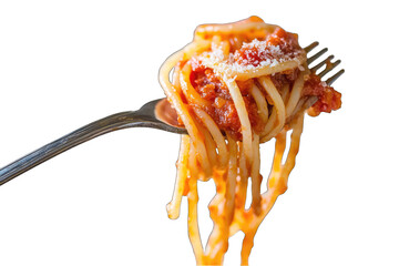 A forkful of spaghetti with rich, red sauce and grated cheese, strands dangling enticingly