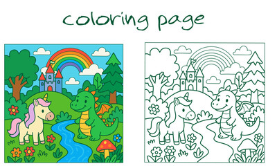 Cute Fantasy World with Unicorn and Dragon by a River