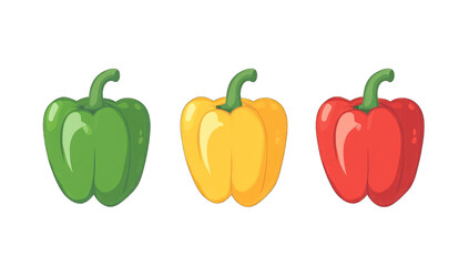 Three bell peppers, green, yellow, and red, arranged in a row, showcasing vibrant colors and glossy texture