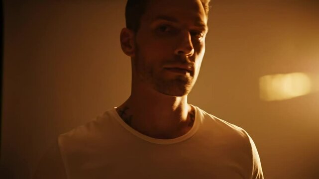 Male model posing dramatically in a studio with warm lighting, creating an artistic and moody atmosphere - attractive tattooed guy