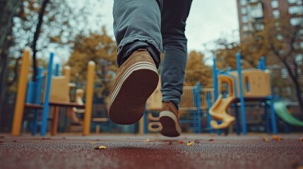 Close-Up of Feet of a Man Running on a Playground, Created with Generative AI Technology