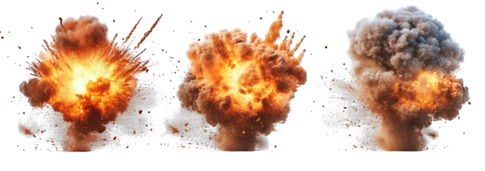 Three stages of a fiery explosion, progressing from bright orange flash to billowing grey smoke