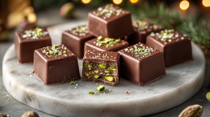 Assorted pistachio chocolate truffles and other gourmet dessert pieces elegantly arranged on polished marble platter