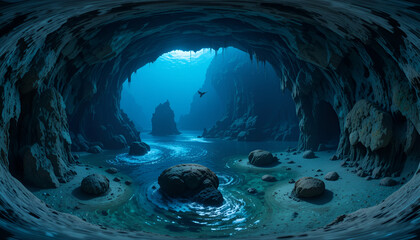 Immersive 360-degree HDRI view of serene underwater cave system, showcasing rock formations, soft light rays, and tranquil oceanic depths in high detail.