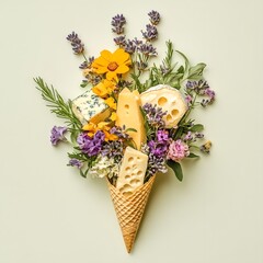 bouquet of fresh spring flowers best cheese in cone on light background, organic food concept.