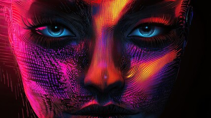 Digital artwork of a futuristic face with abstract lines, AI, and cyber technology concept 