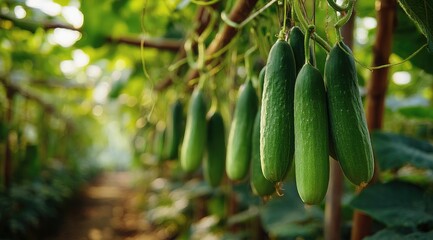 Sunlit greenhouse showcasing numerous ripe green cucumbers hanging from vines, amidst lush foliage and a visible pathway