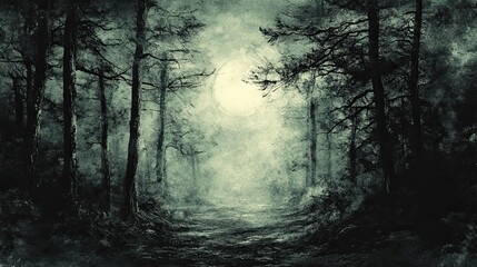 Eerie haunted forest illustration, perfect for Halloween themes