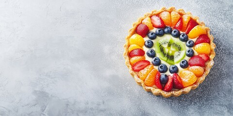 Fresh Fruit Tart with Berries and Kiwi on Stone Background