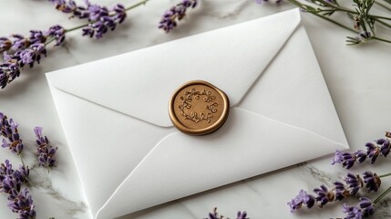 Flat lay of a white envelope with a golden wax seal and sprigs of lavender, symbolizing elegant correspondence 